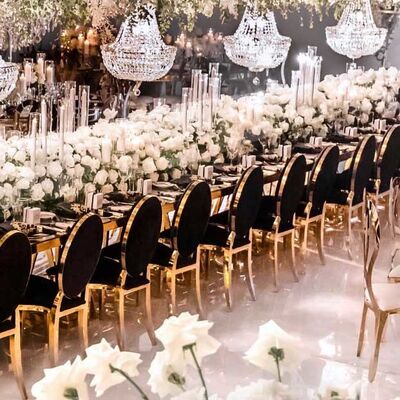 Blue Velvet Gold Rim Chairs Banquet Table And Chairs For Party Event Wedding