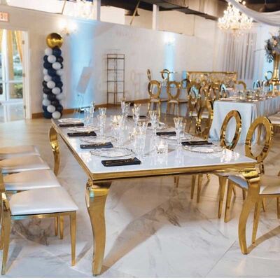 Luxury Hotel Wedding Table And Chairs Stainless Steel Leg With Morrored Top