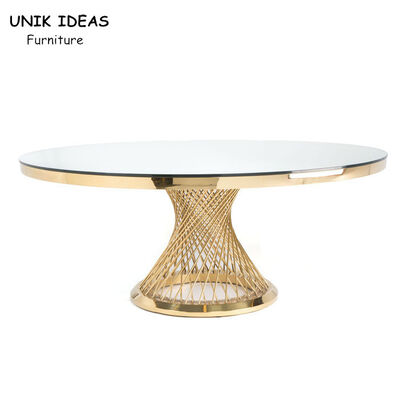 72" 6 Foot Portable Round Folding Banquet Table Fancy Elegant Gold Steel Glass Top