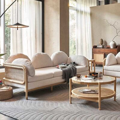 Wood Rattan Living Room Simple Sofa Country Style Sponge Upholstery Teddy Fabric