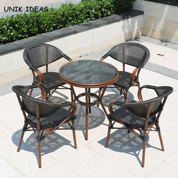 Woven Black Stackable Outdoor Dining Chairs Mesh Frame Aluminum Restaurant 83cm
